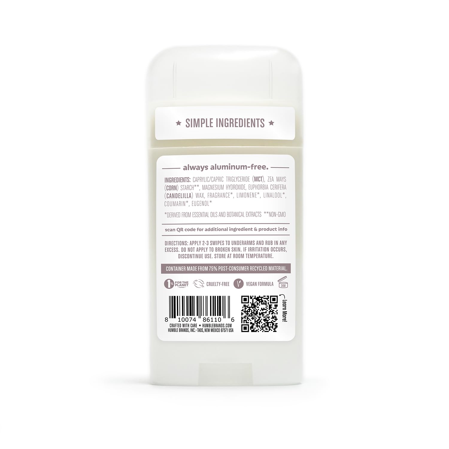 HUMBLE BRANDS aluminum-free claim badge complements clean-label presentation.