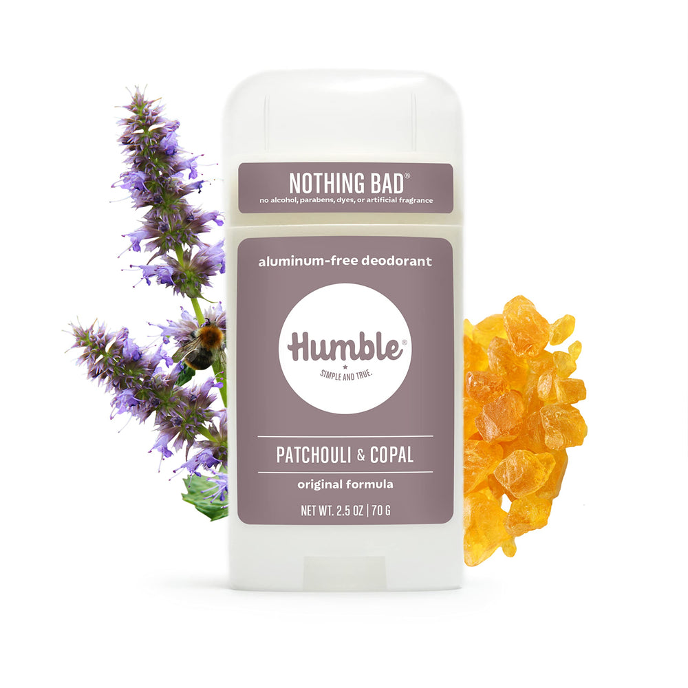 Humble Brands ingredient-mixing view showing aluminum-free base with baking soda and oils.