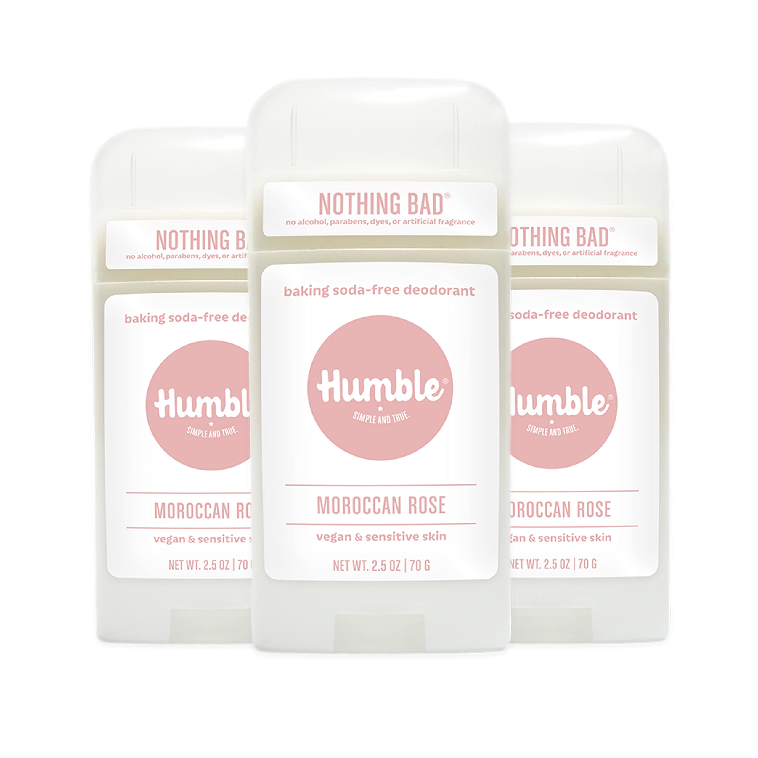 Humble Brands Moroccan Rose deodorant three-pack front view for daily freshness.