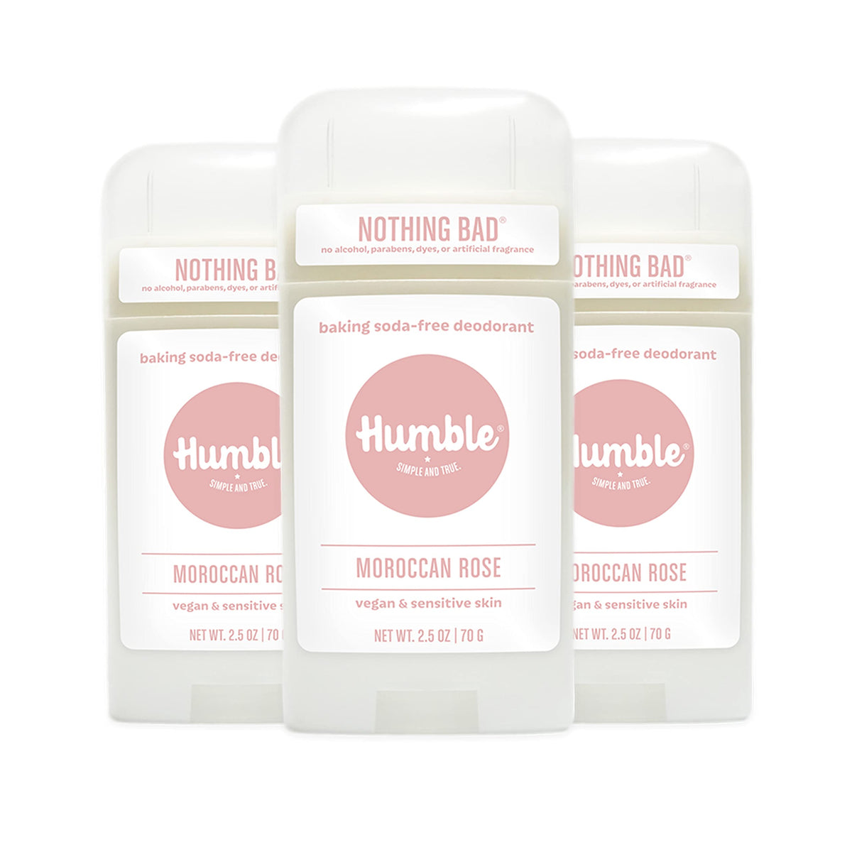 Humble Brands Moroccan Rose deodorant three-pack front view for daily freshness.