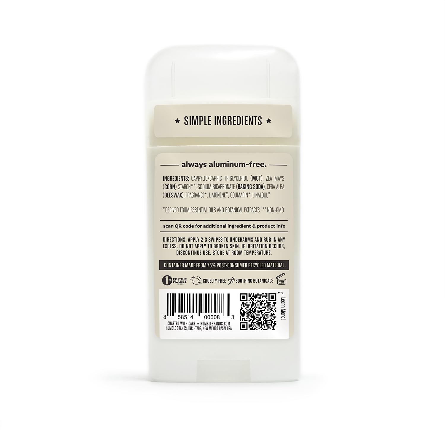 Humble Brands aluminum-free label highlighting absence of aluminum and synthetic additives