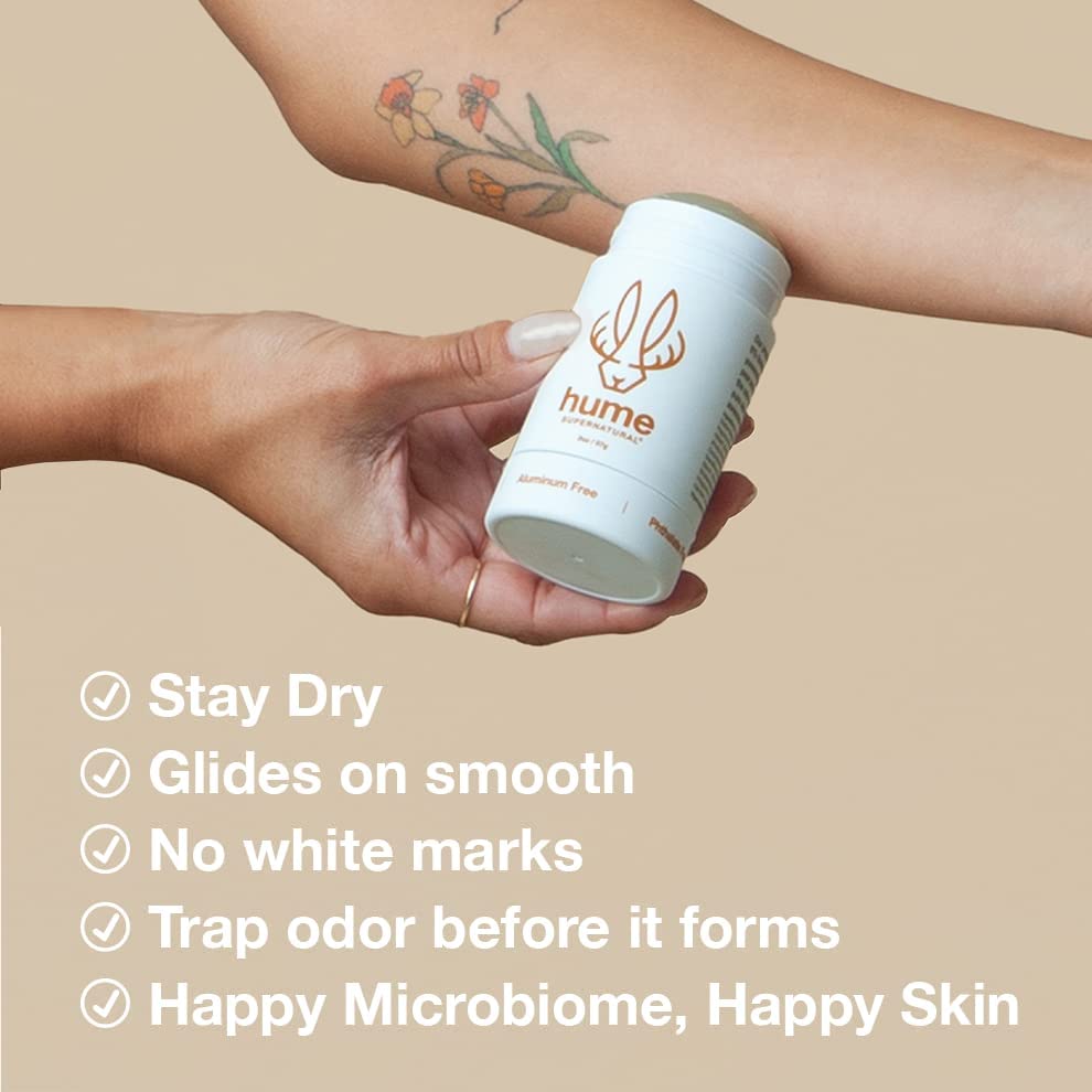 Hume Supernatural aluminum-free deodorant application demonstrates smooth, stain-free wear.