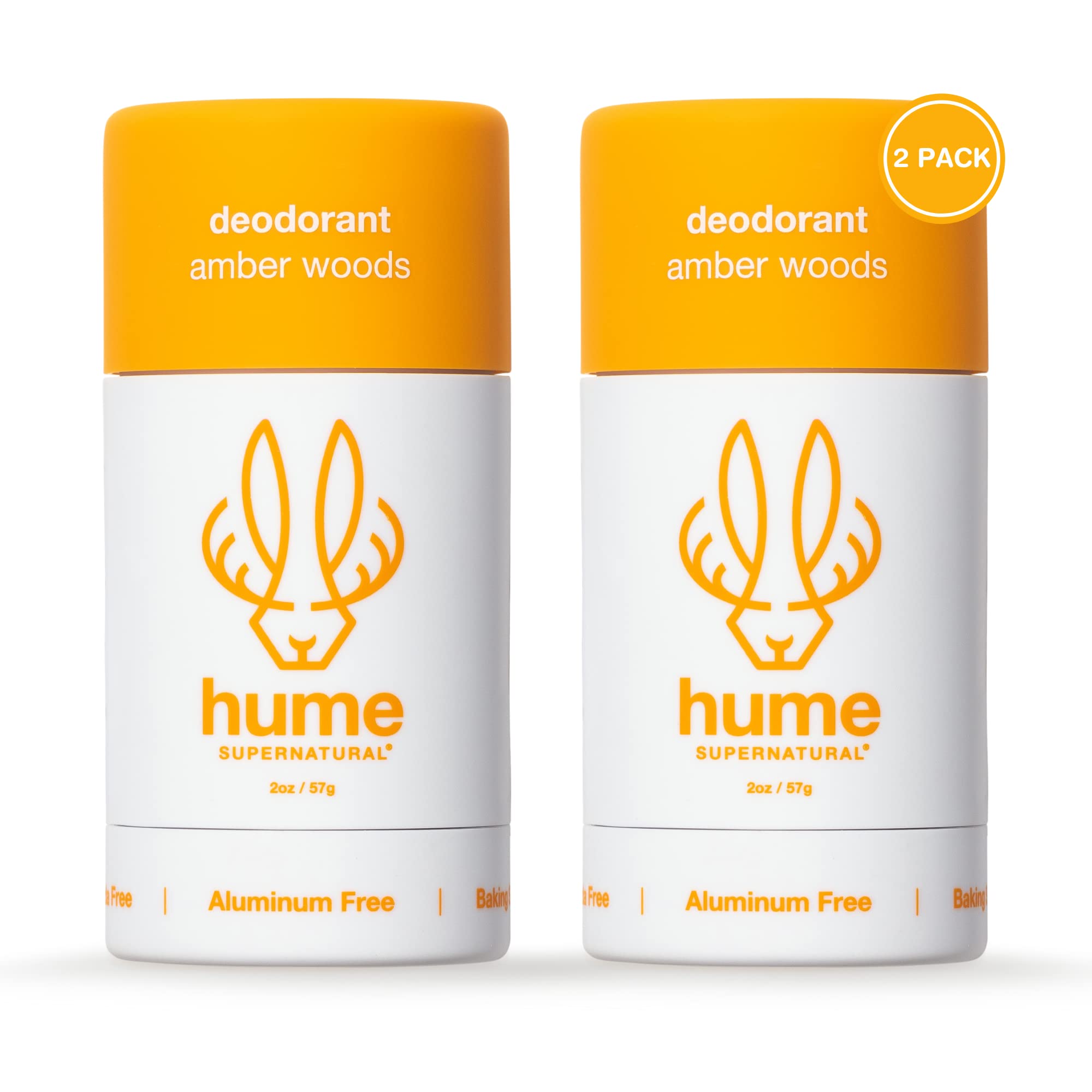HUME SUPERNATURAL Amber Woods deodorant stick close-up showing aluminum-free formula for fresh underarms.