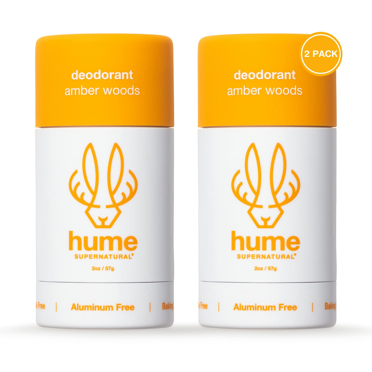 HUME SUPERNATURAL Amber Woods deodorant stick close-up showing aluminum-free formula for fresh underarms.