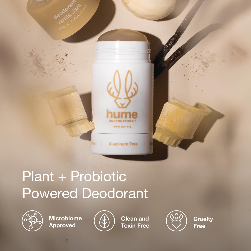 Hume Supernatural clear deodorant stick during application promotes dry, stain-free shirts