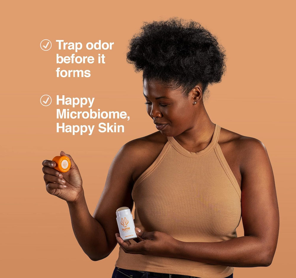 Hume Supernatural clear-stick demonstrates dry, mess-free application and odor control.