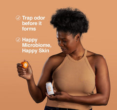 Hume Supernatural clear-stick demonstrates dry, mess-free application and odor control.