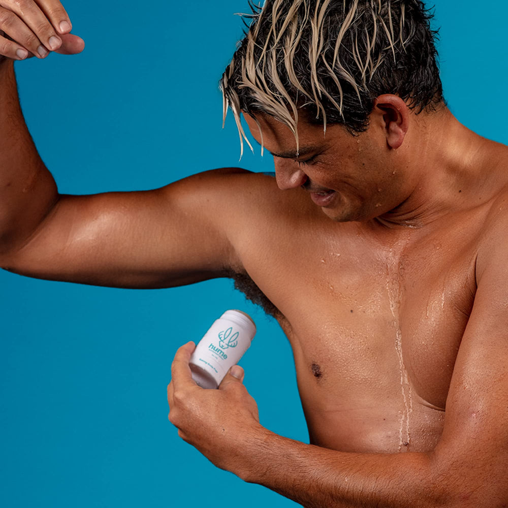 Hume Supernatural clear-stick deodorant showing stain-free dry underarms.
