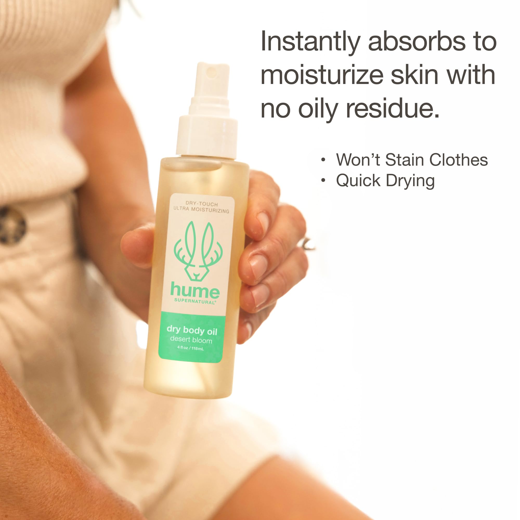 Hume Supernatural dry body oil spray after-shower use for a light fragrance.