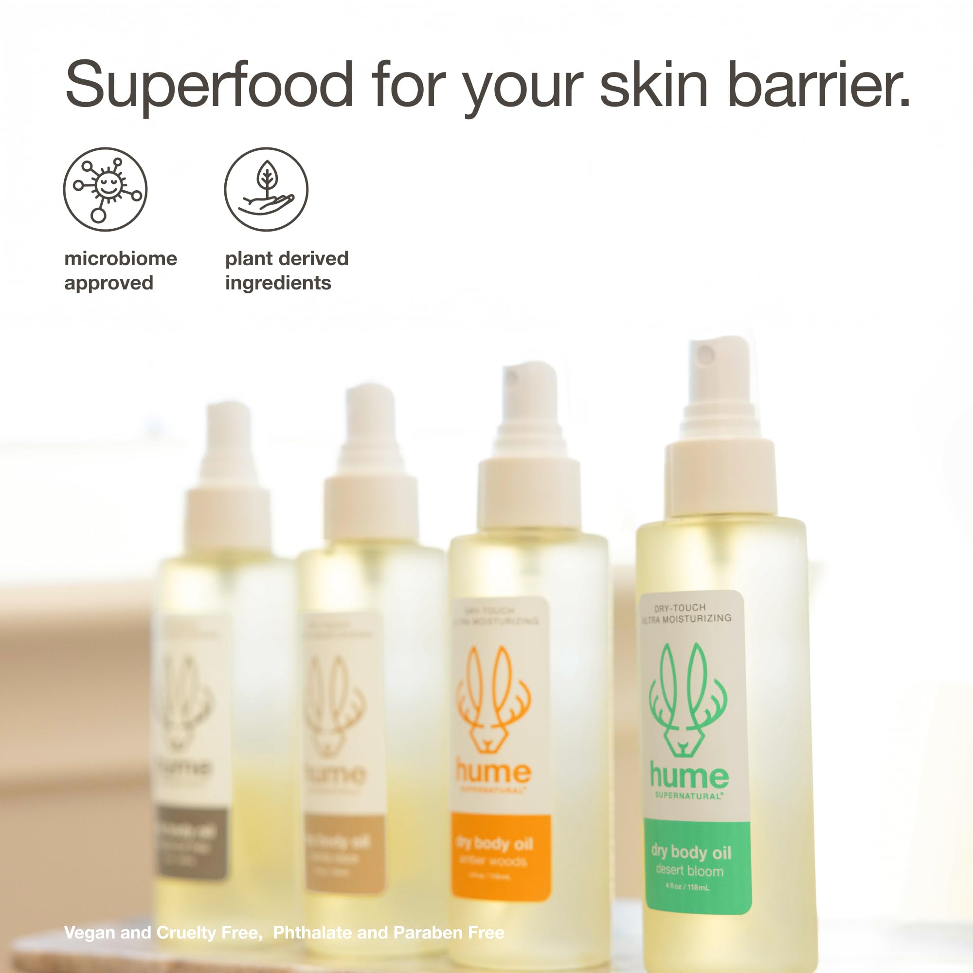 Hume Supernatural dry body oil spray supports skin barrier with plant oils.