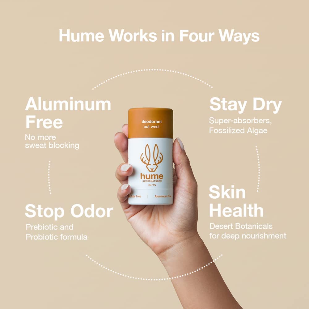 Hume Supernatural Out West pack back view highlights recyclable packaging with plant powered formula.