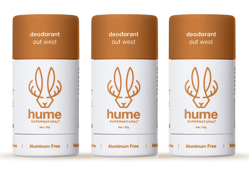 Hume Supernatural Out West pack front view highlighting three aluminum-free deodorants for lasting freshness.
