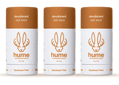 Hume Supernatural Out West pack front view highlighting three aluminum-free deodorants for lasting freshness.