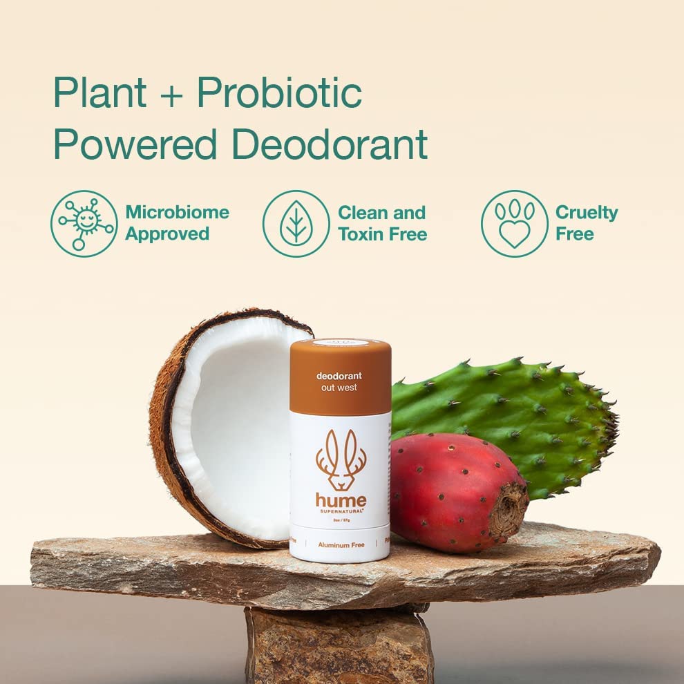 Hume Supernatural probiotic botanical close-up showcases coconut, prickly pear, cactus flower for skin friendly care.