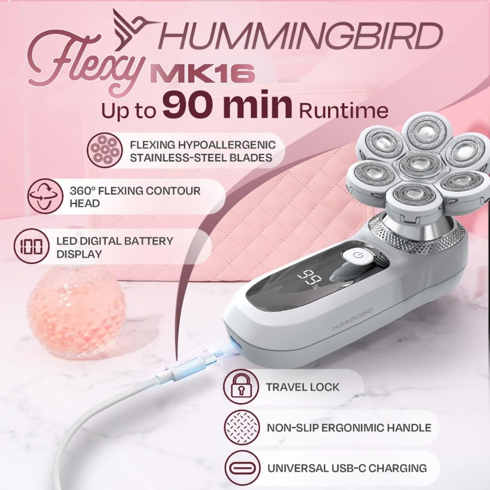 HUMMINGBIRD Flexy compact travel case keeps shaver and heads organized on the go.