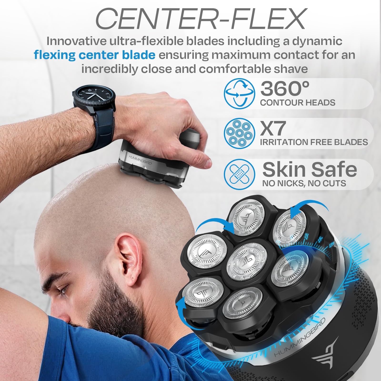 Hummingbird MK13 centerflex seven-blade head demonstrates extended coverage