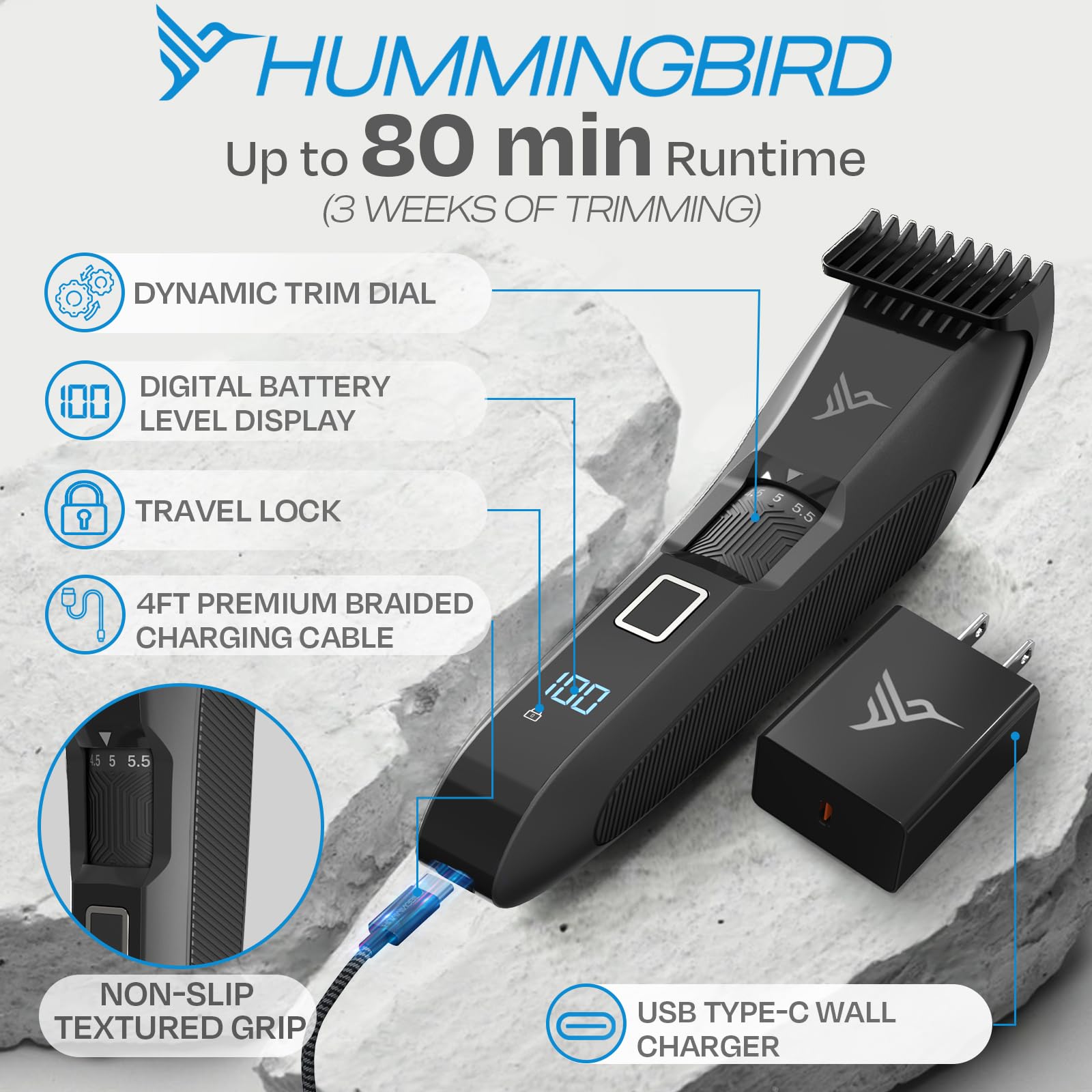 Hummingbird MK14 cordless USB-C recharge enables flexible grooming anywhere.