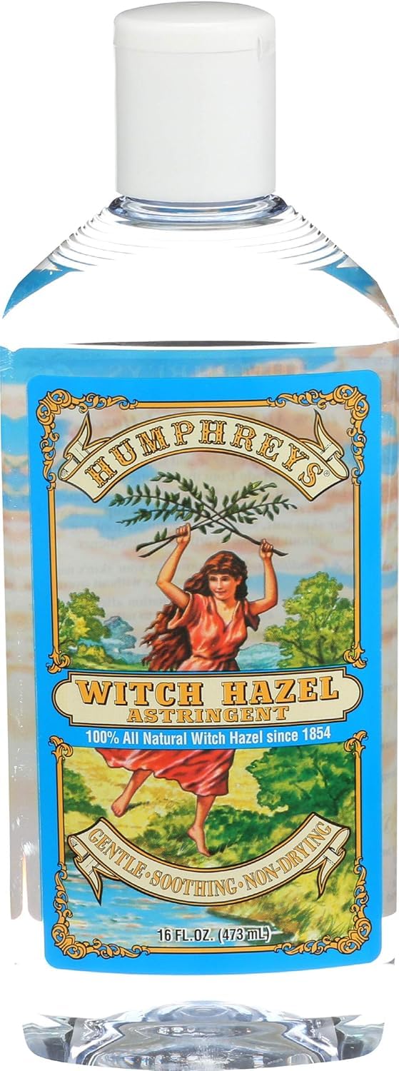 Humphreys Witch Hazel bottle closeup, natural toner suitable for daily skin care.