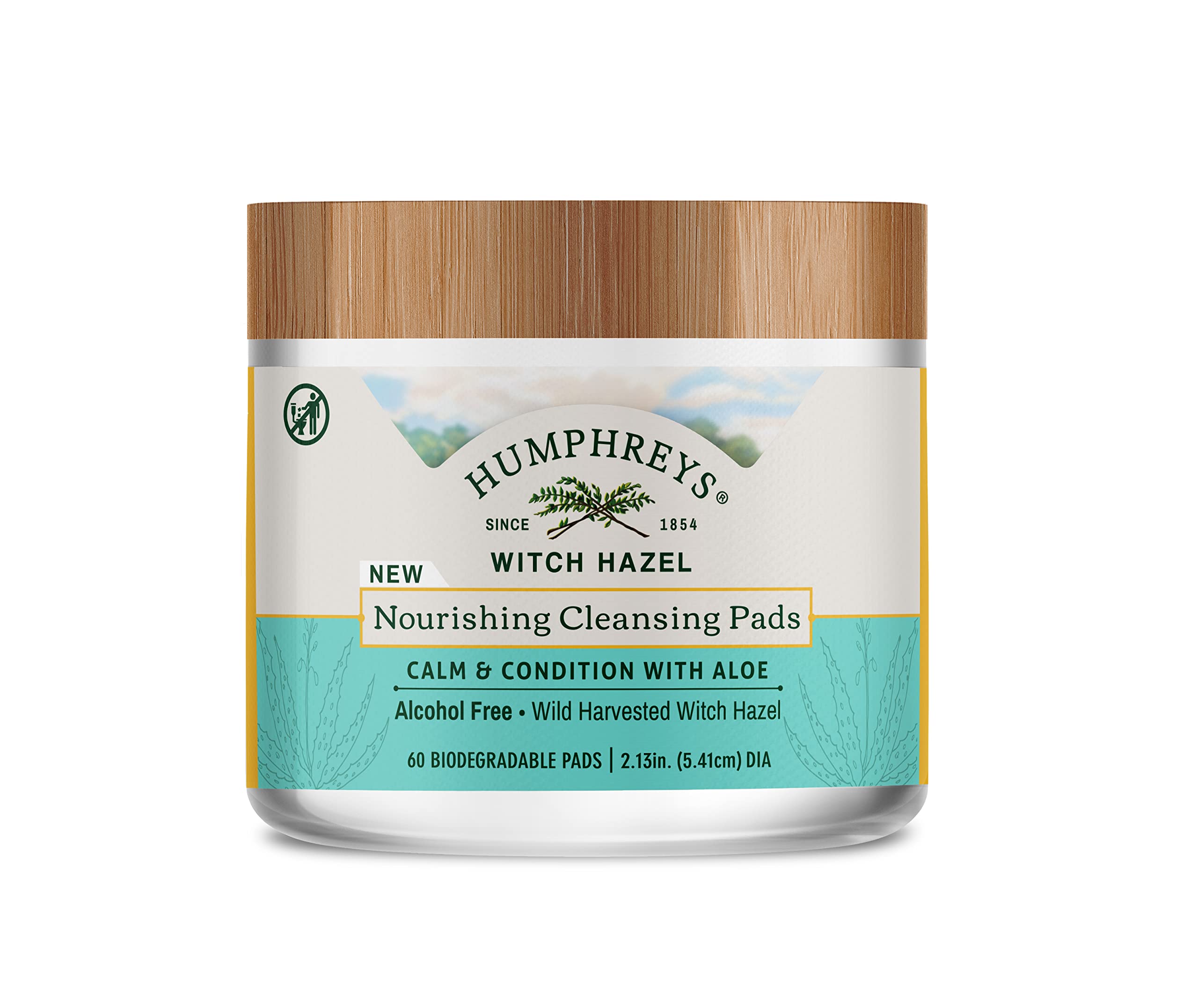 Humphreys Witch Hazel Nourishing Cleansing Pads packaging showcases eco-friendly, travel-ready design for easy cleansing.