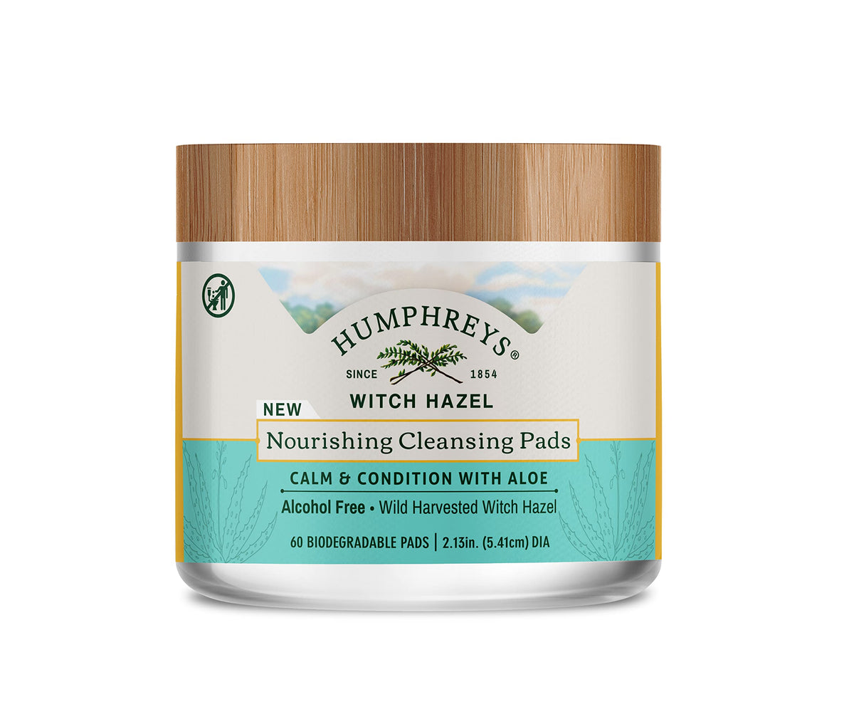 Humphreys Witch Hazel Nourishing Cleansing Pads packaging showcases eco-friendly, travel-ready design for easy cleansing.