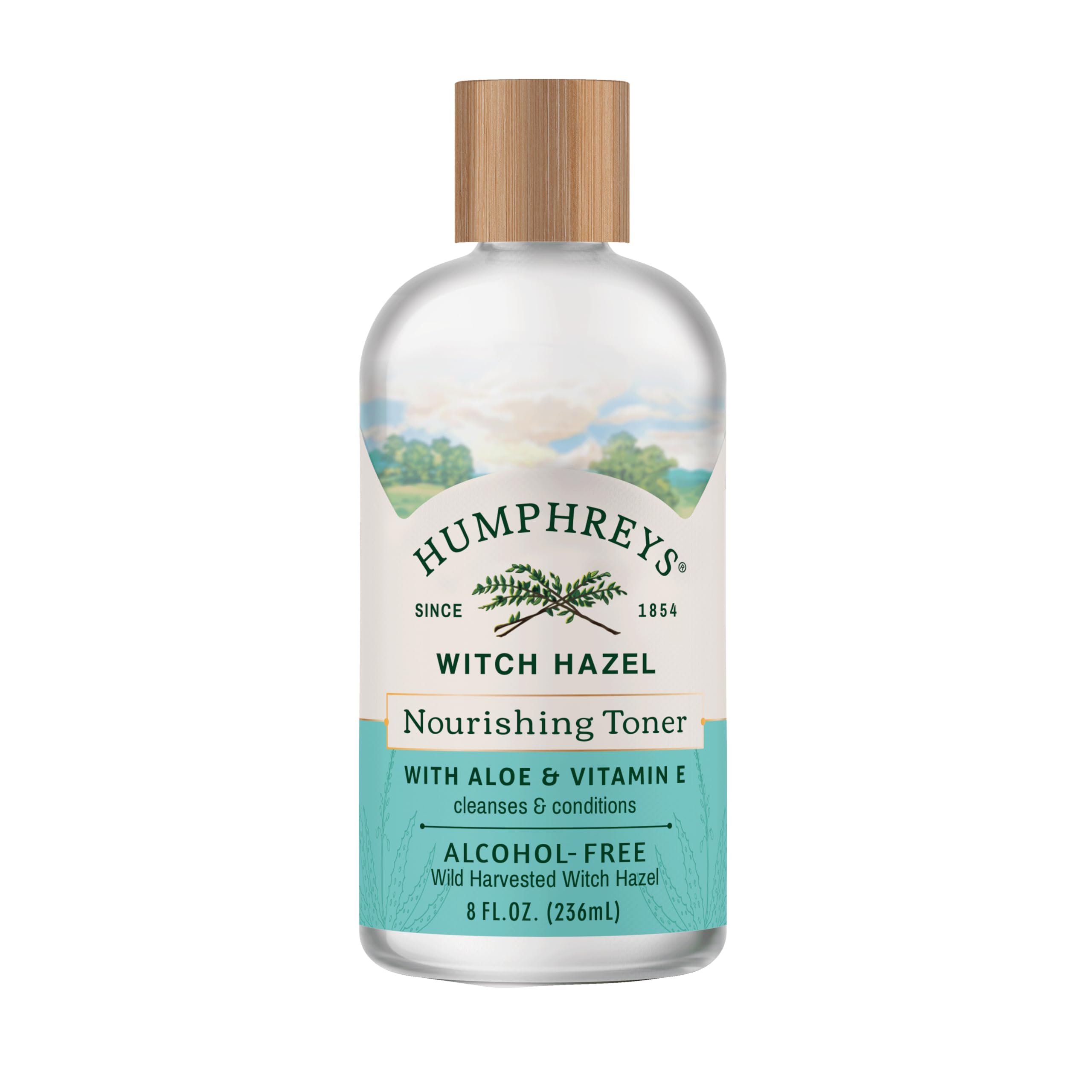Humphreys Witch Hazel Nourishing Toner bottle close-up promoting refreshing skin balance.