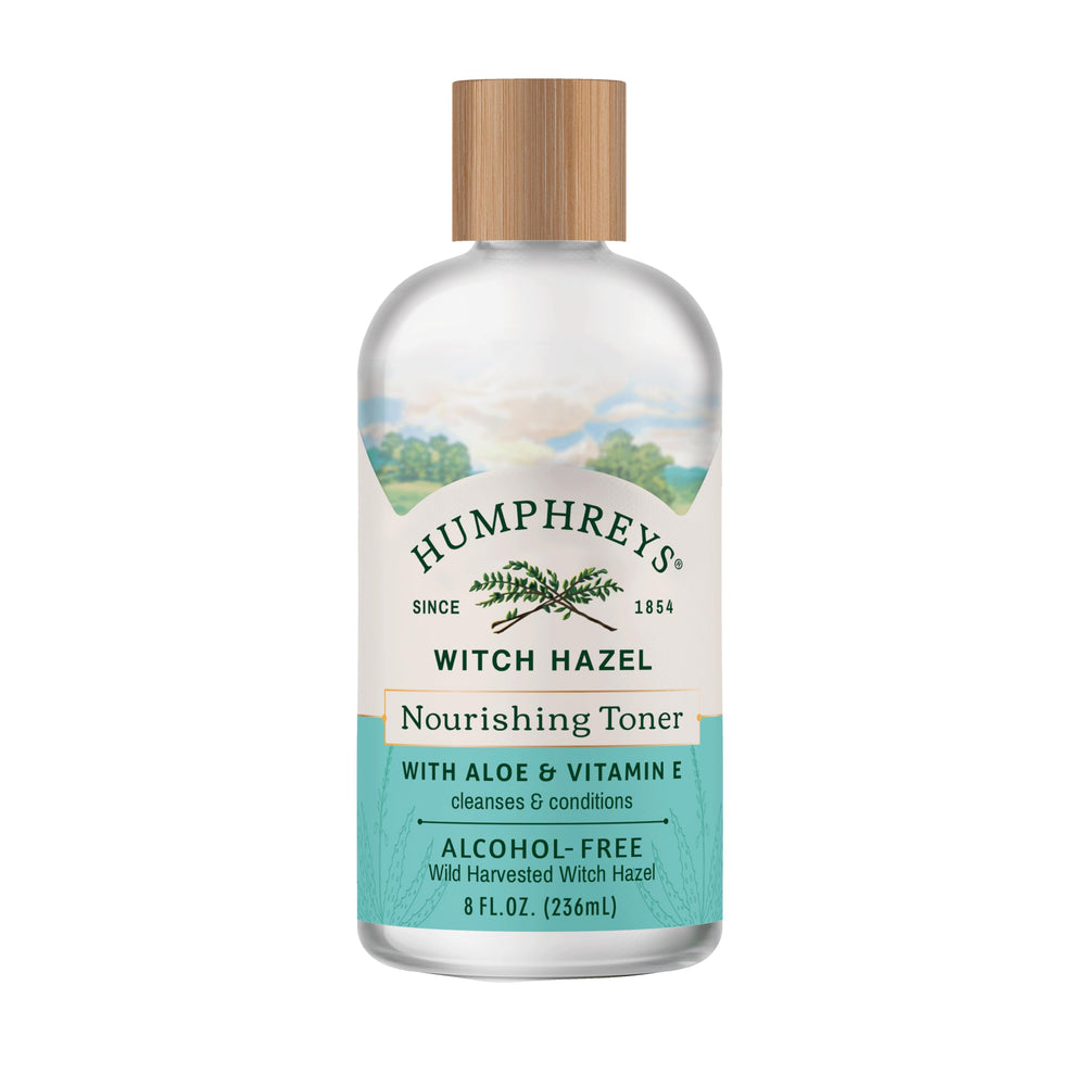 Humphreys Witch Hazel Nourishing Toner bottle close-up promoting refreshing skin balance.