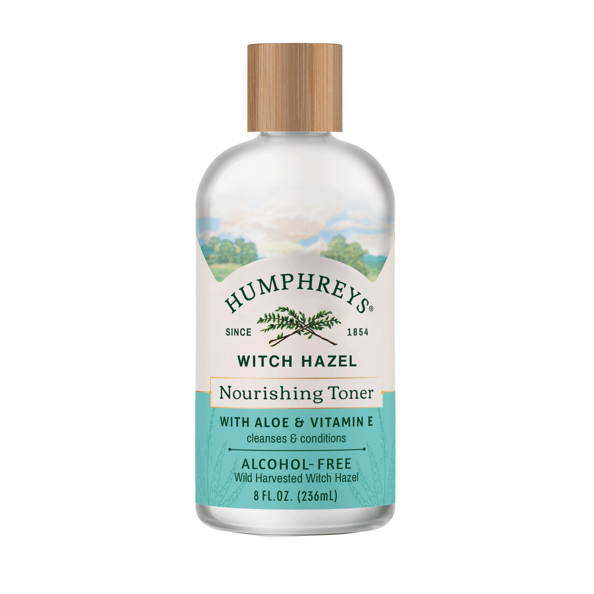 Humphreys Witch Hazel Nourishing Toner bottle close-up promoting refreshing skin balance.