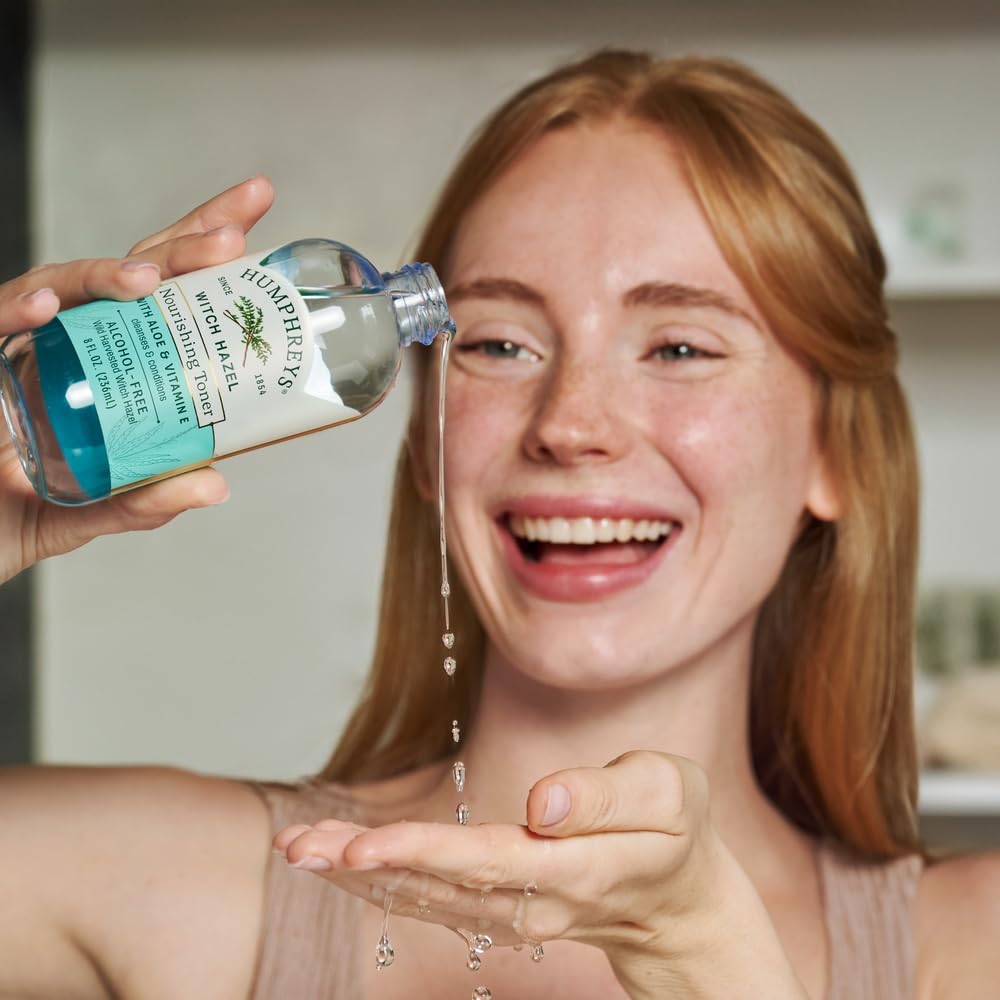 Humphreys Witch Hazel Toner droplets on skin showing hydration.