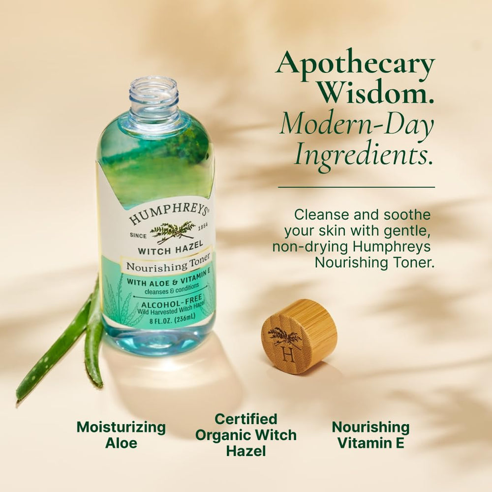 Humphreys Witch Hazel Toner packaging emphasizes organic, wild-harvest sourcing.