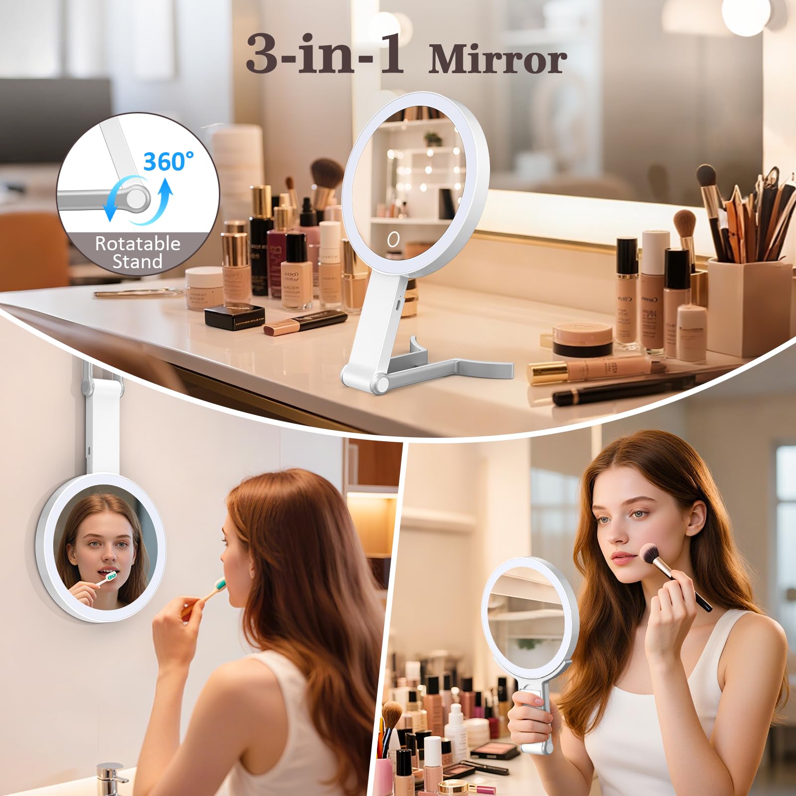 HUNCAB travel makeup mirror held in hand for on-the-go makeup application.