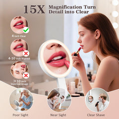 HUNCAB travel makeup mirror demonstrating 3 color lighting options.