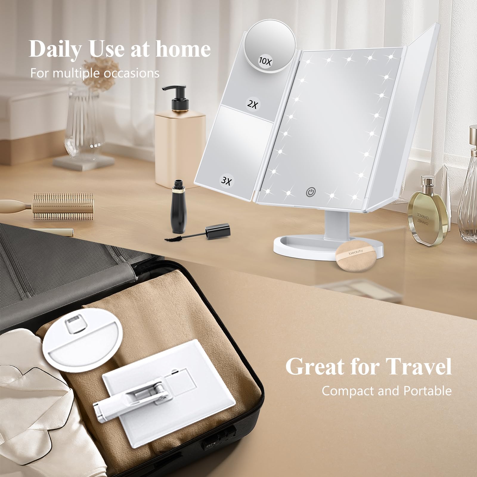 HUONUL makeup mirror dual power supports USB or batteries for flexible, portable use.