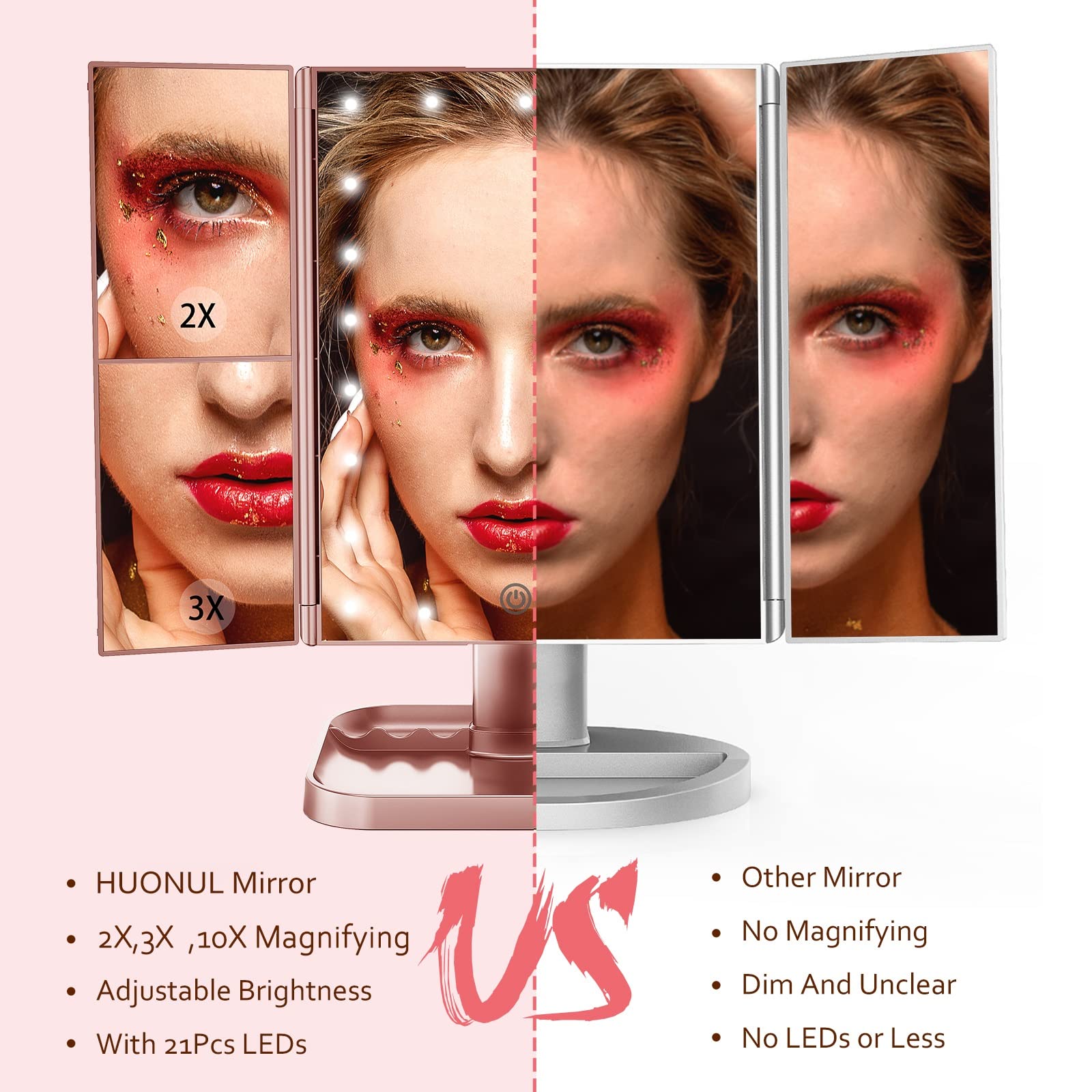 HUONUL makeup mirror with 10x magnification for detailed close-ups.