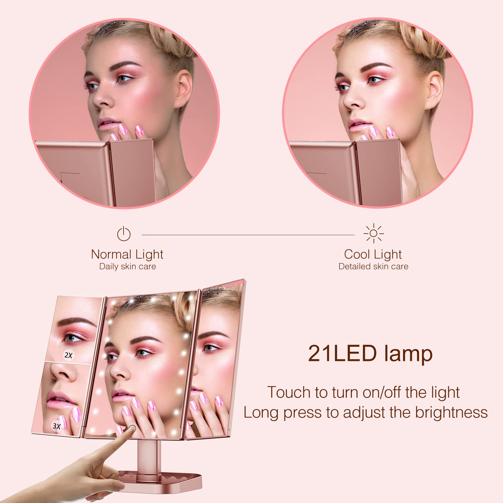 HUONUL makeup mirror three-panel design widens viewing angle for comprehensive makeup.