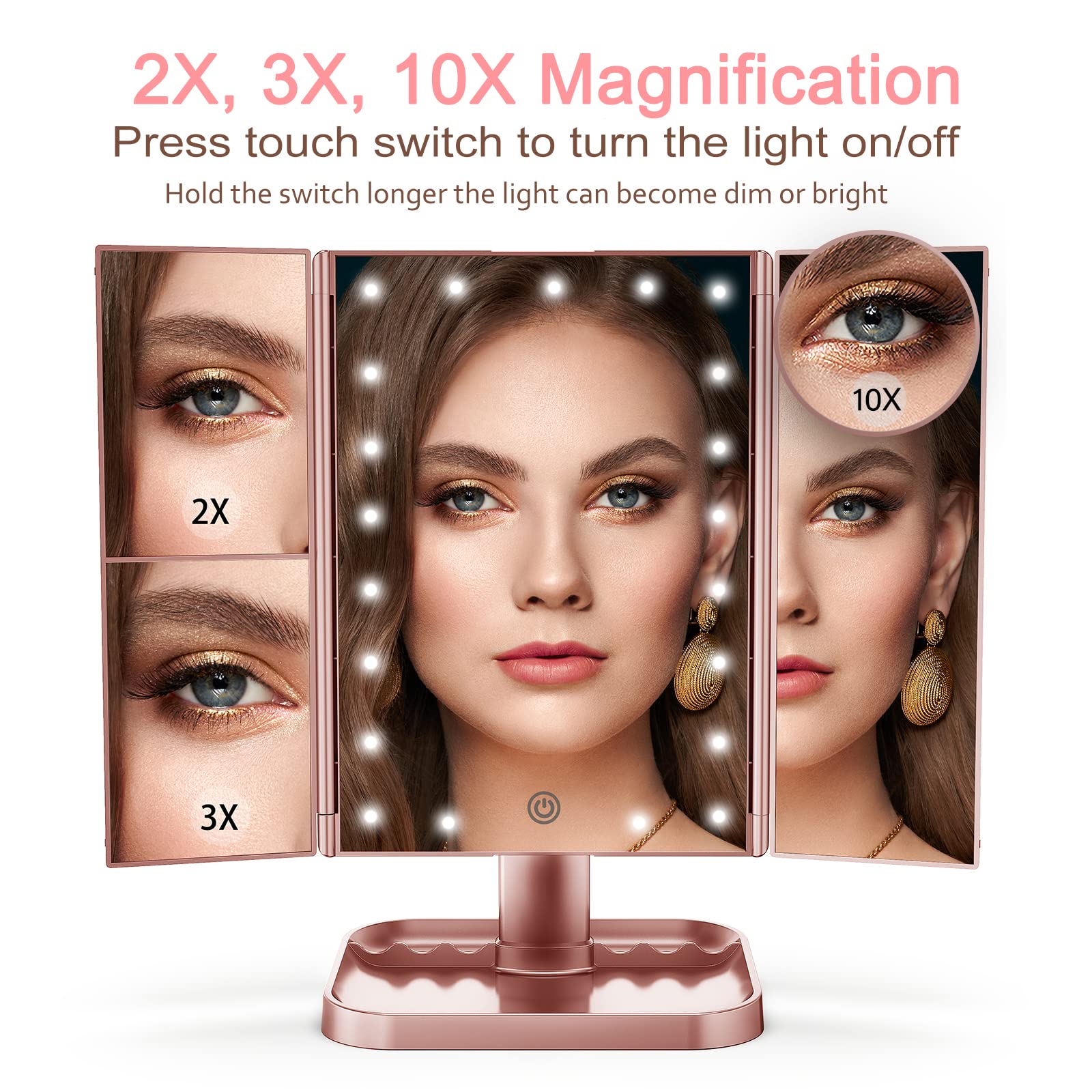 HUONUL makeup mirror rose-gold finish with foldable trifold for desk use.