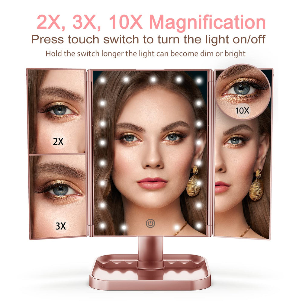 HUONUL makeup mirror rose-gold finish with foldable trifold for desk use.