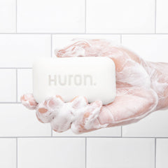 Huron Bar Soap Citrus + Eucalyptus close-up—moisturizing Shea Butter and Coconut Oil visible.