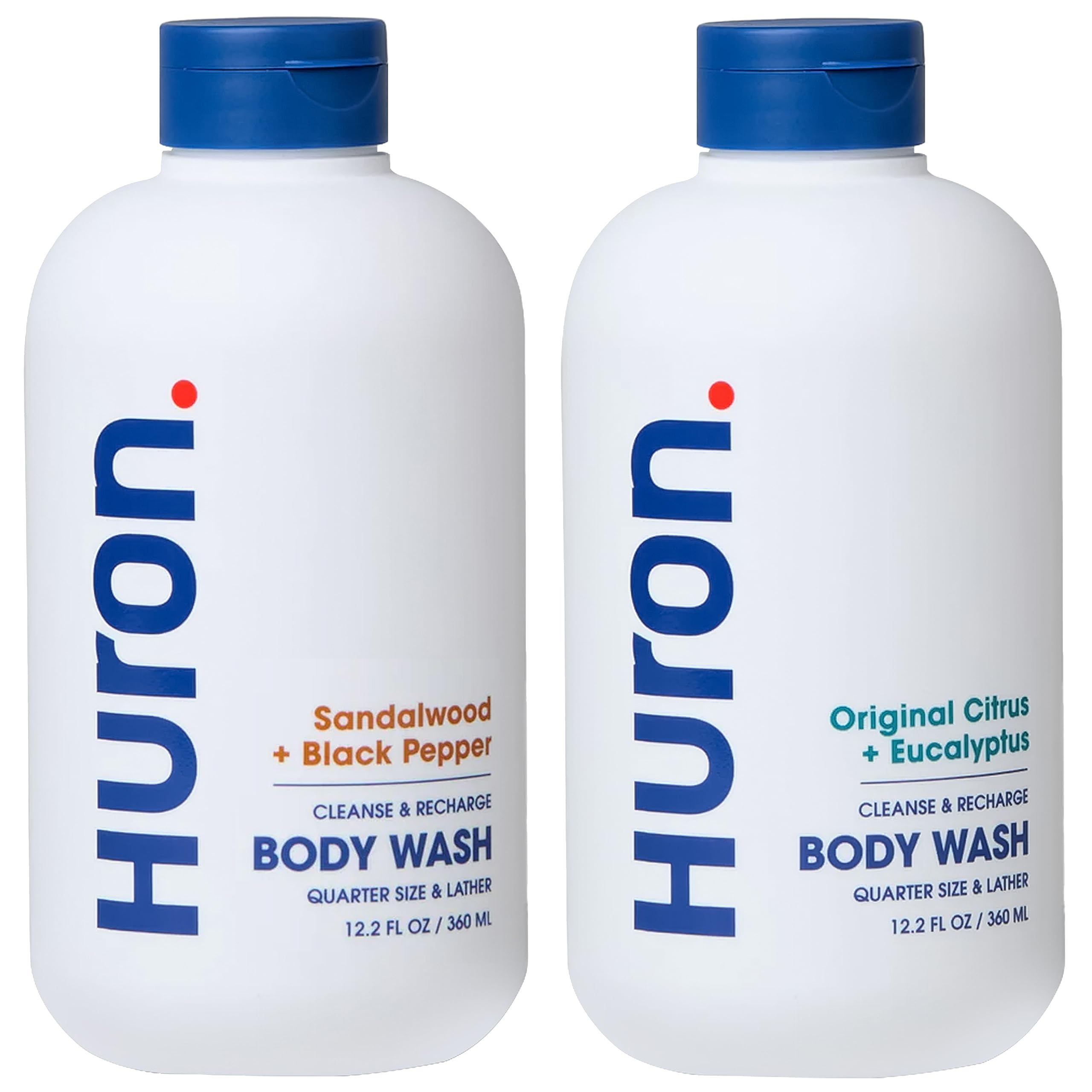 Huron Citrus Eucalyptus body wash bottle highlights refreshing scent and hydration