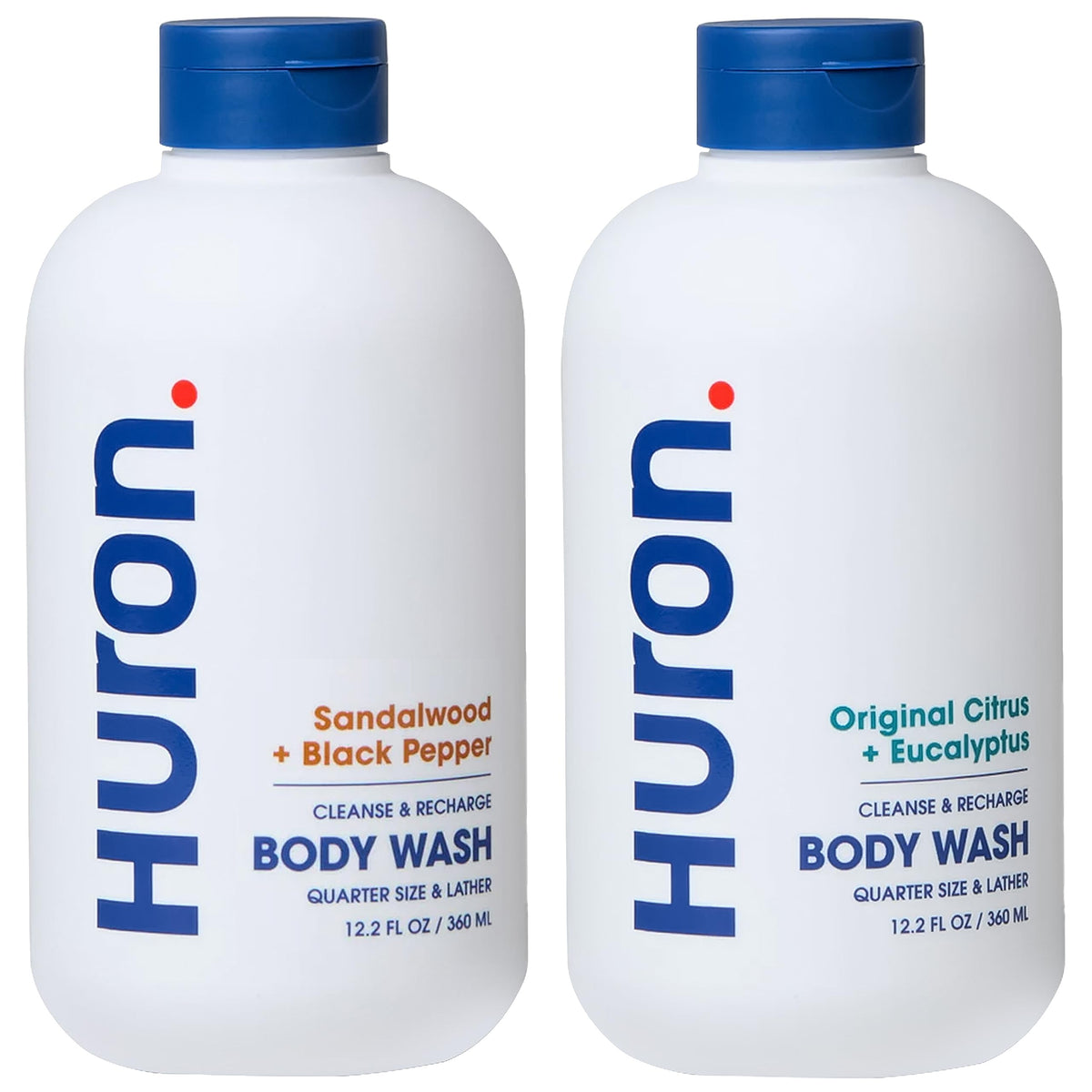 Huron Citrus Eucalyptus body wash bottle highlights refreshing scent and hydration