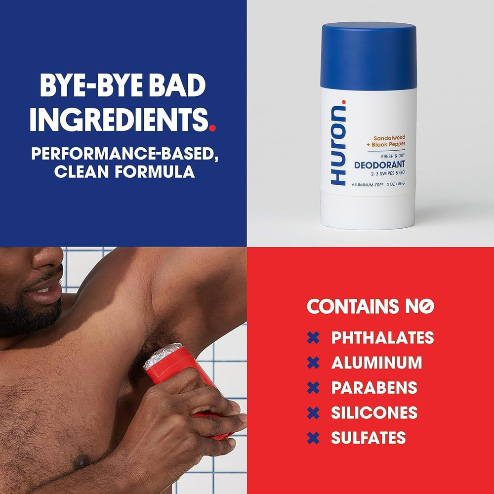 Huron deodorant ingredients with shea butter and jojoba nourish skin during daily use.