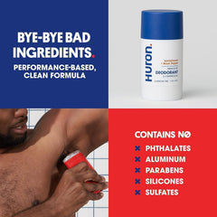 Huron deodorant ingredients with shea butter and jojoba nourish skin during daily use.