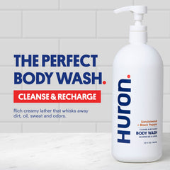 Huron Men body wash foam highlights black pepper boost for a wakeful, energizing cleanse.