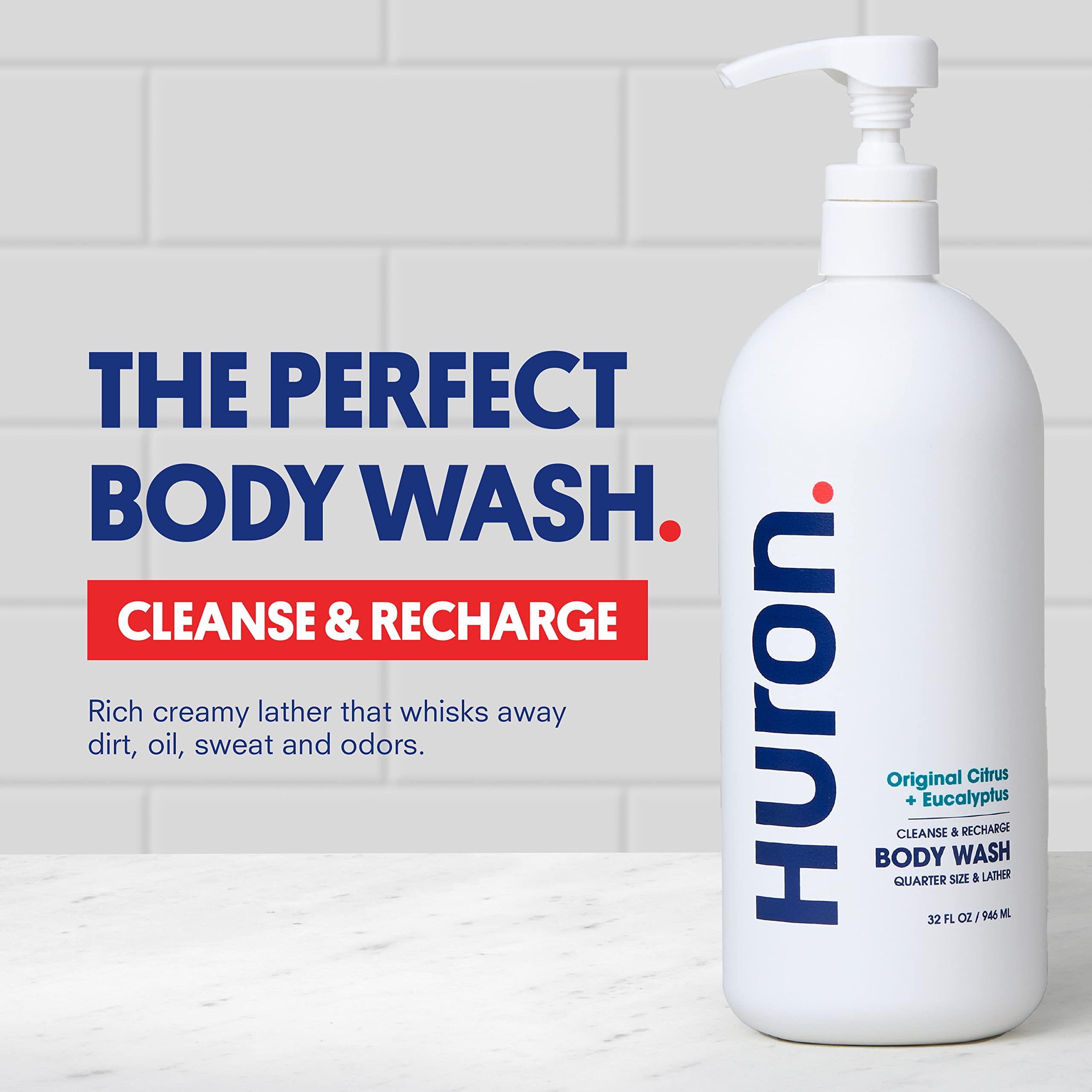 Huron body wash label close-up highlighting Vitamin E and nourishing oils