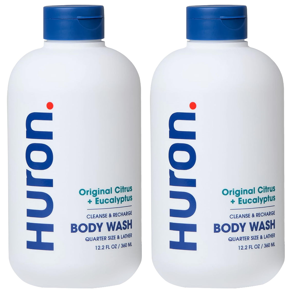 Huron men's body wash bottle front with citrus-eucalyptus scent for daily energizing cleanse.