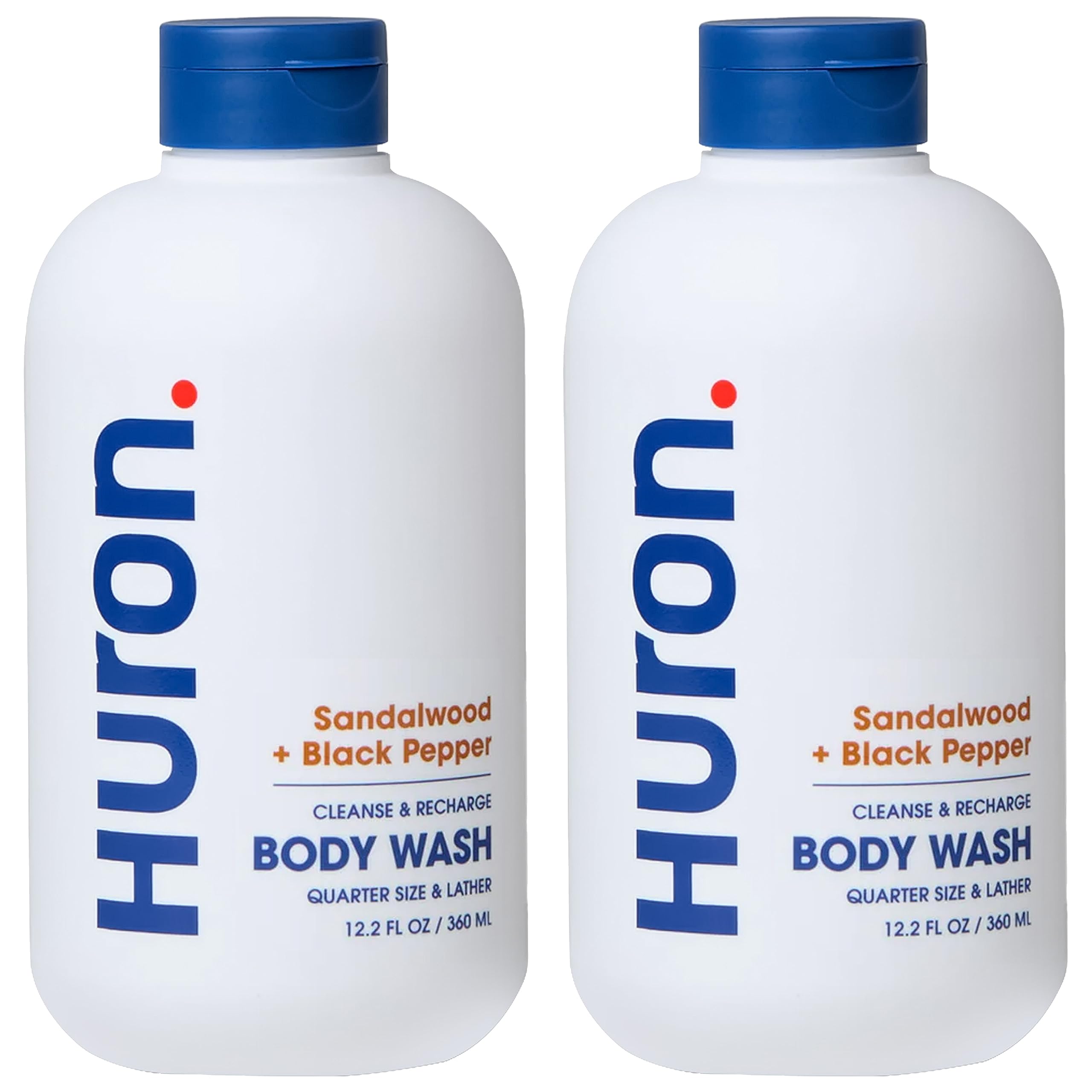 Huron Men's Body Wash bottle with woody sandalwood scent for all-day freshness