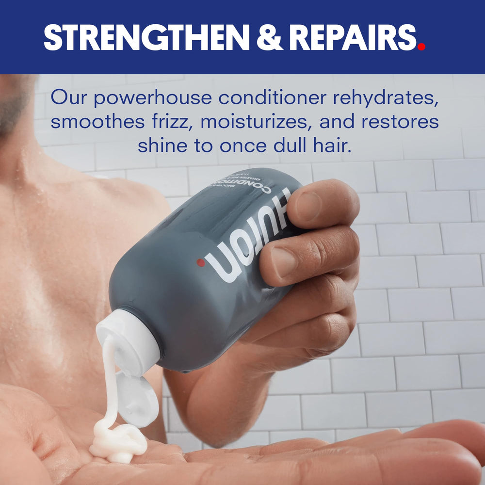 Huron Men’s Conditioner application scene demonstrates easy daily conditioning and even distribution.