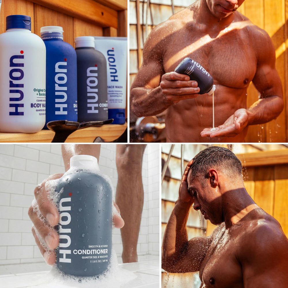 Huron Men’s Conditioner ingredient focus with argan oil and shea butter for moisture.