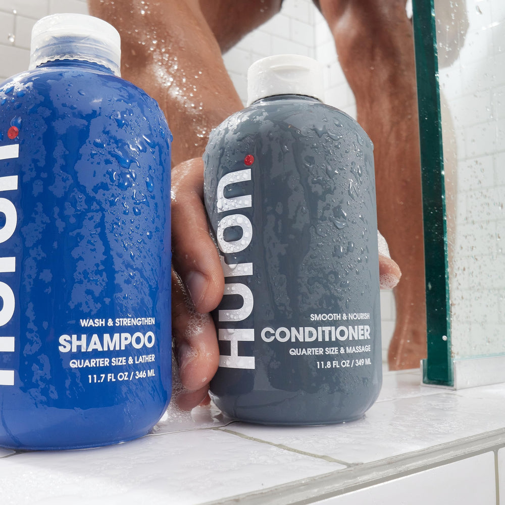 Huron Men’s Conditioner scalp hydration shot suggesting itch relief and comfort.