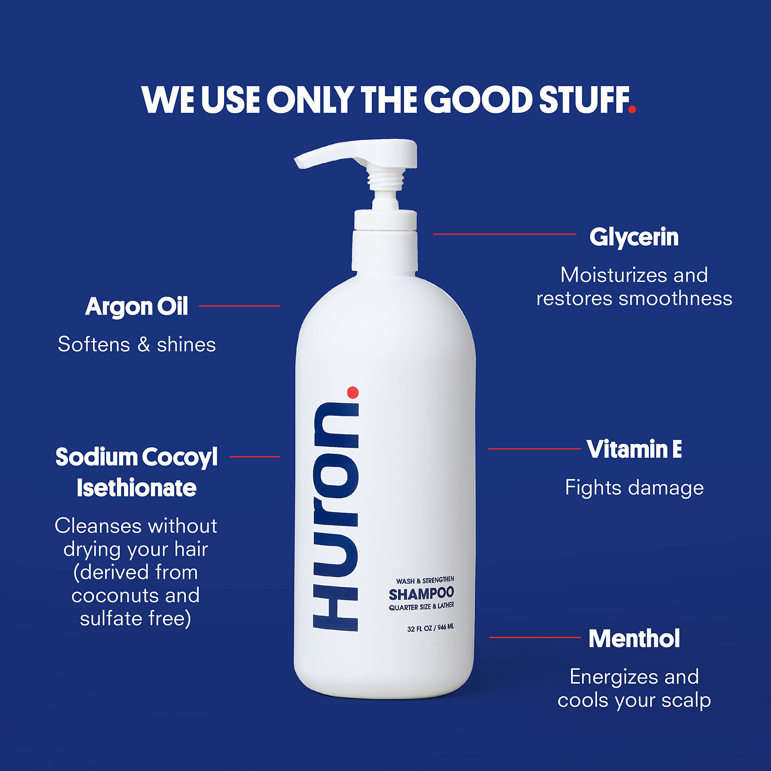 Huron Men's Fresh Scent Daily Shampoo lather photo suggests hydration and scalp care.
