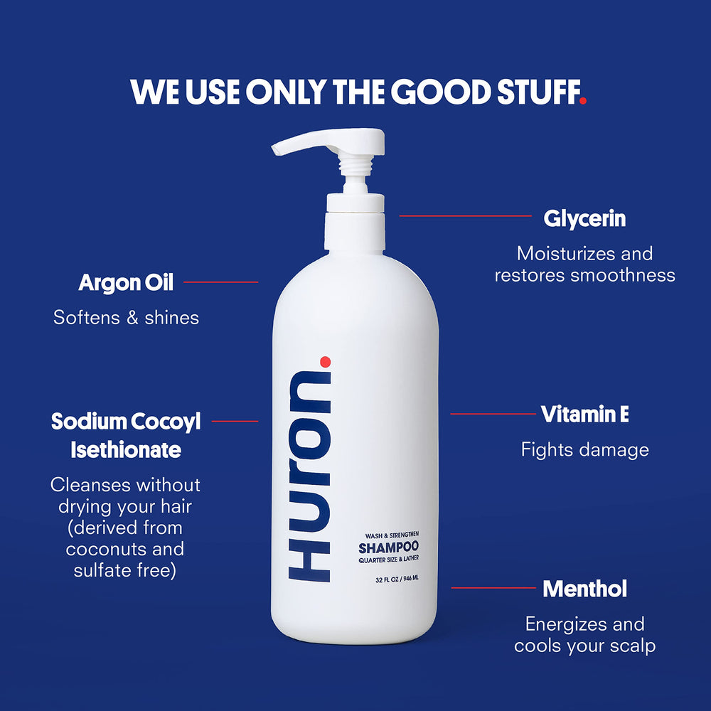 Huron Men's Fresh Scent Daily Shampoo lather photo suggests hydration and scalp care.